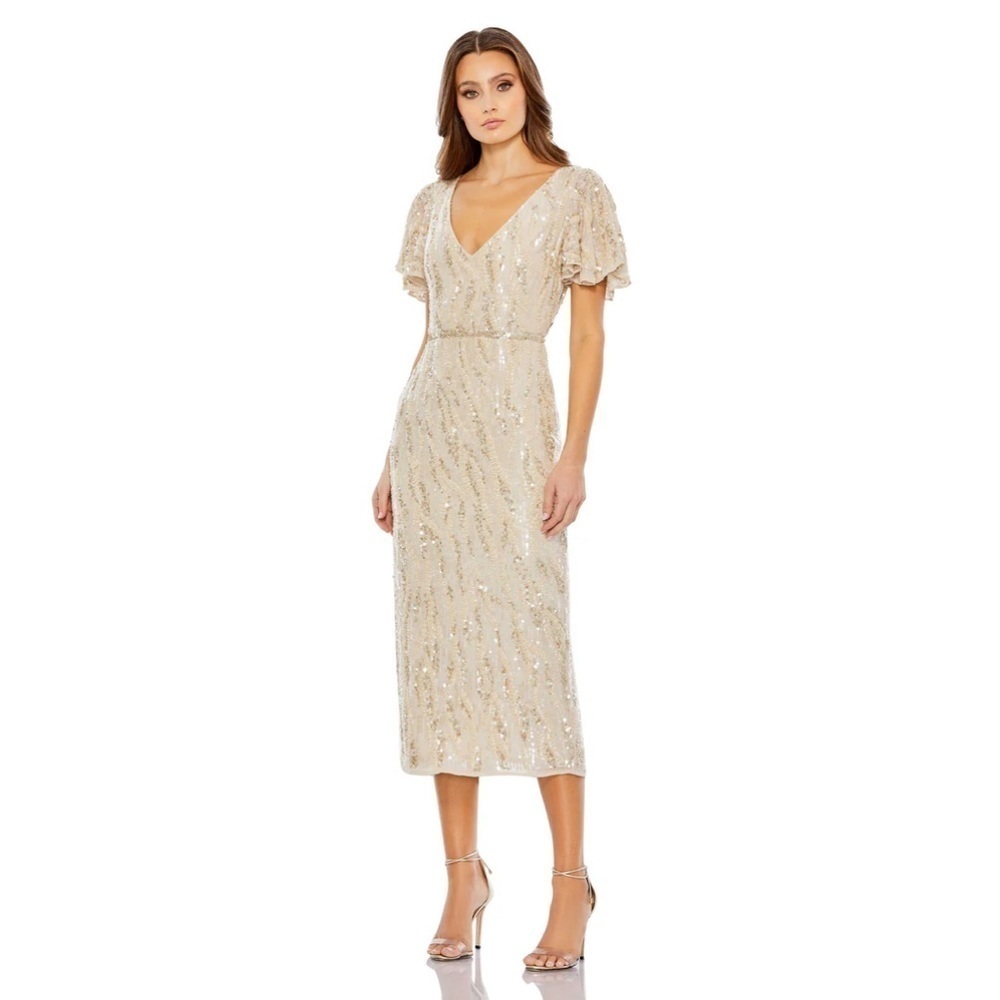 Mac Duggal 93591 NWT Sequined V Neck Flutter Sleeve Tea Length Dress
